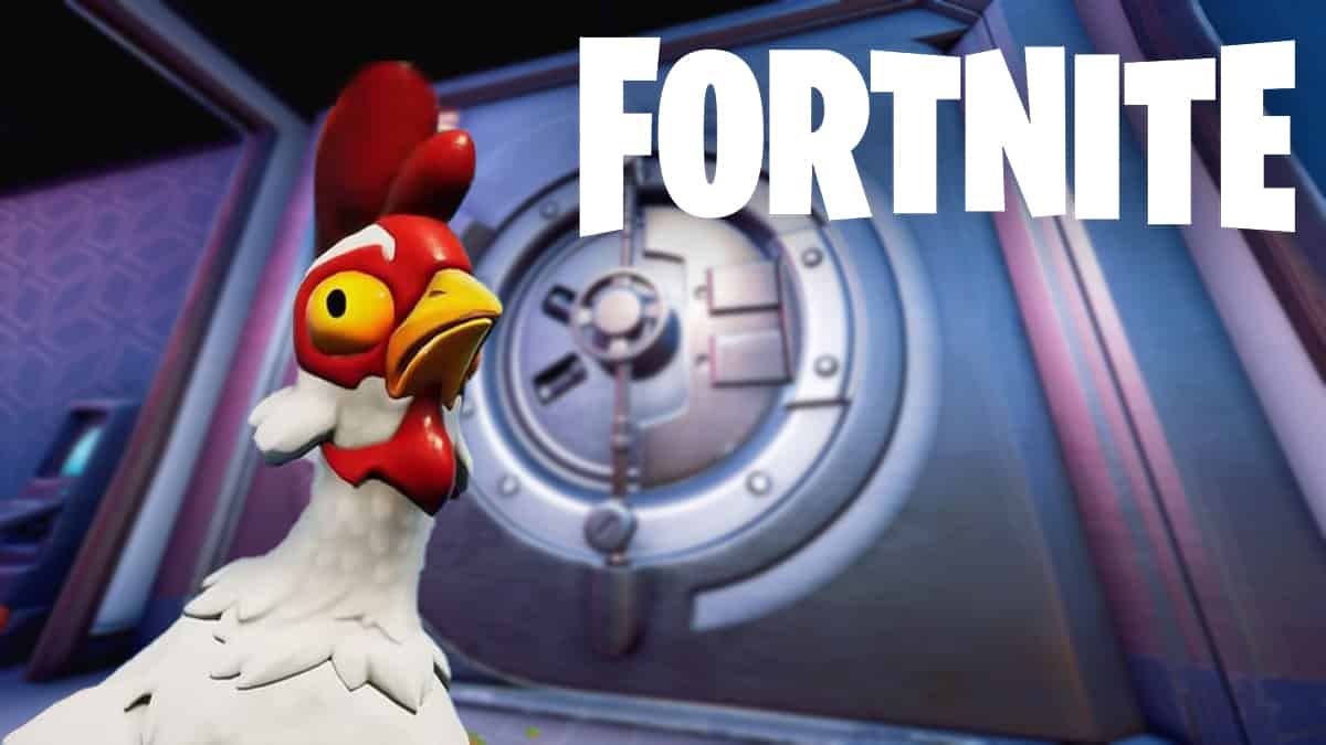 Chicken in front of a Fortnite Vault