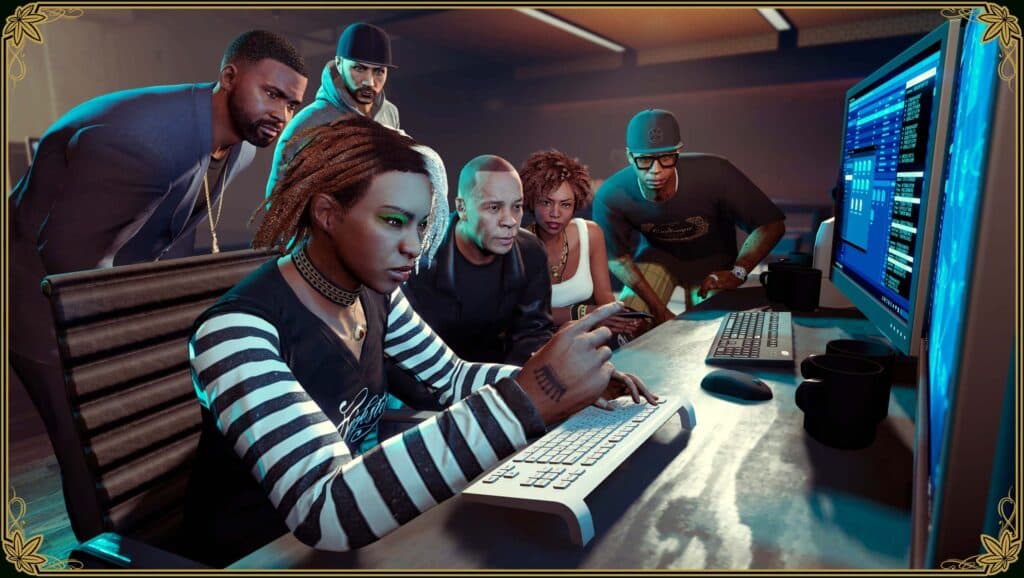 GTA 5 characters looking at a computer screen during a mission
