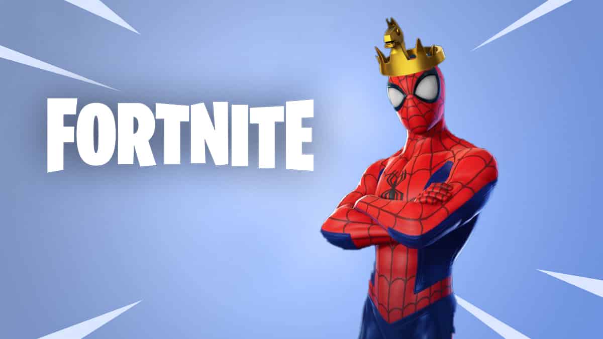 Spider-Man wearing a victory crown in Fortnite
