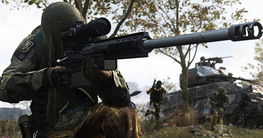 Sniper aiming down sights in Modern Warfare