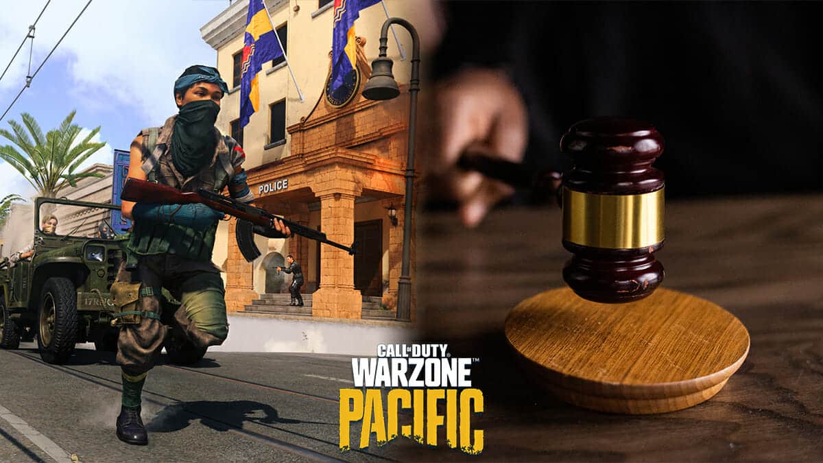 Warzone player running and a judge's gavel