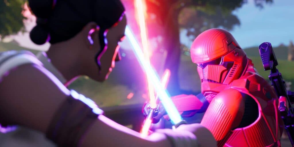 Rey and Red Stormtrooper using lightsabers in Fortnite