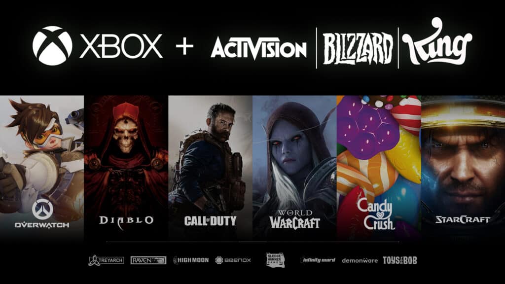 Xbox's Acitivison Blizzard acquisition image featuring Overwatch, CoD, and WoW.