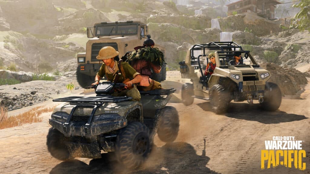 Warzone players driving vehicles in Pacific Caldera