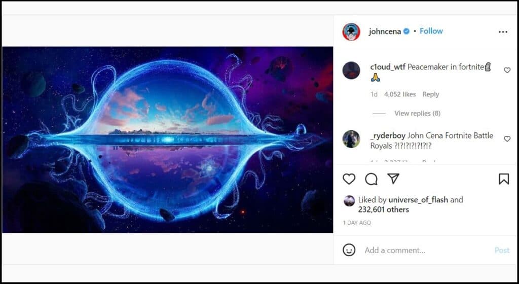 John Cena Instagram post teasing Peacemaker skin