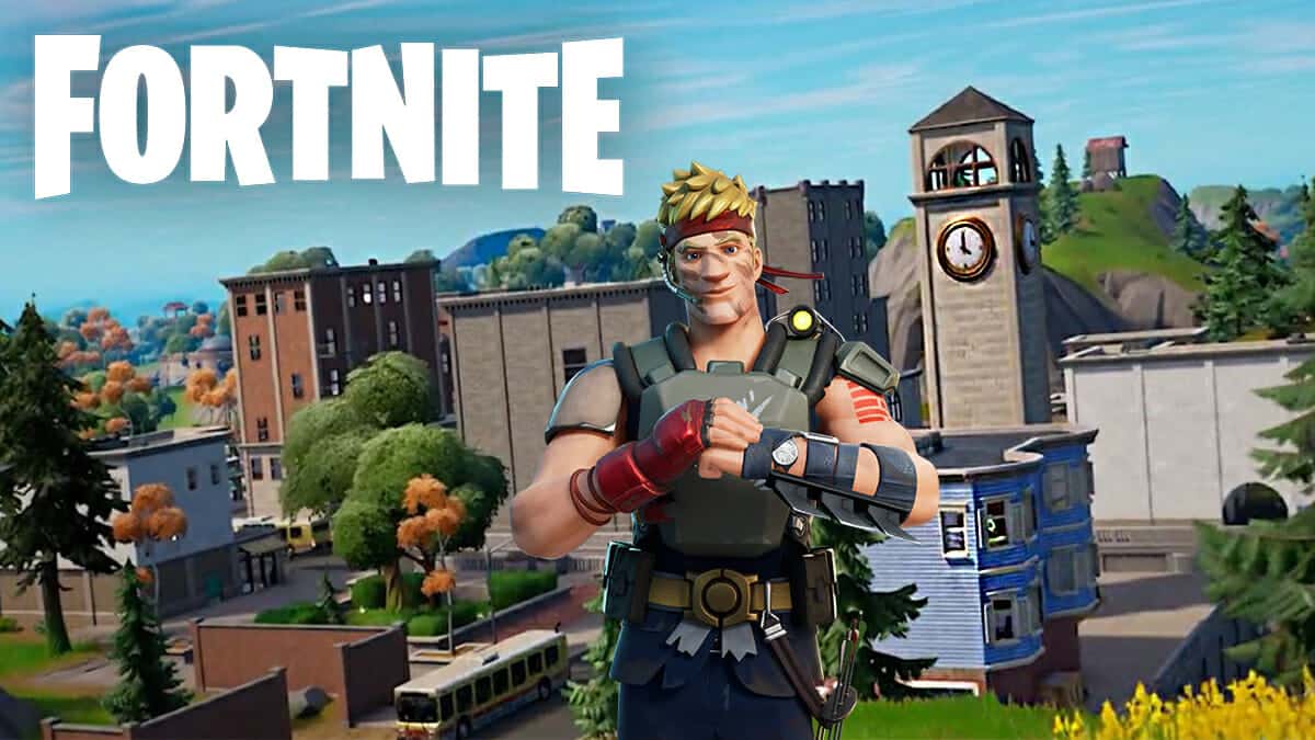 Jonesy in front of Tilted Towers in Fortnite
