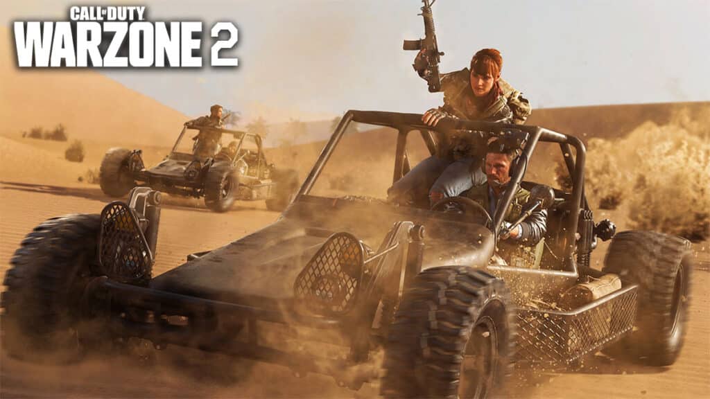 Call od Duty players driving buggies through a desert