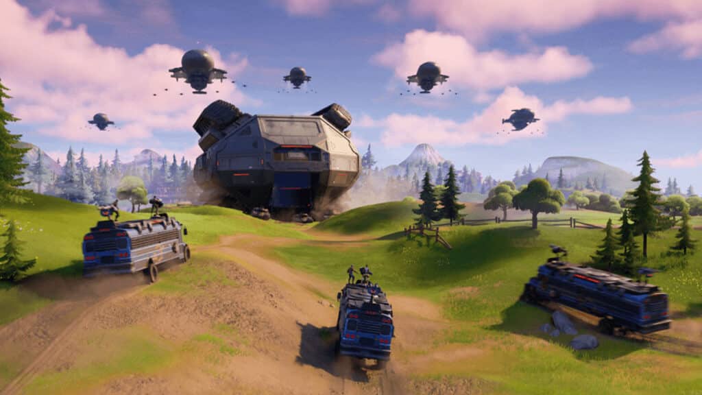 Fortnite Battle Busses driving at The Fortress