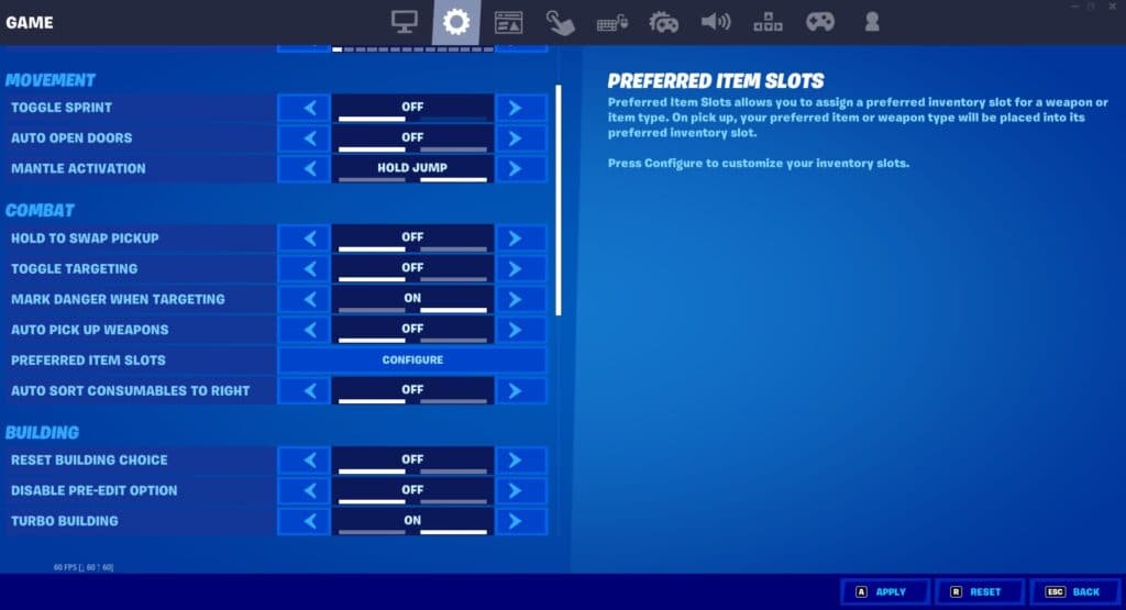 Fortnite's Game settings menu