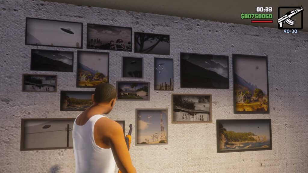 CJ looking at UFO pictures in GTA San Andreas DE