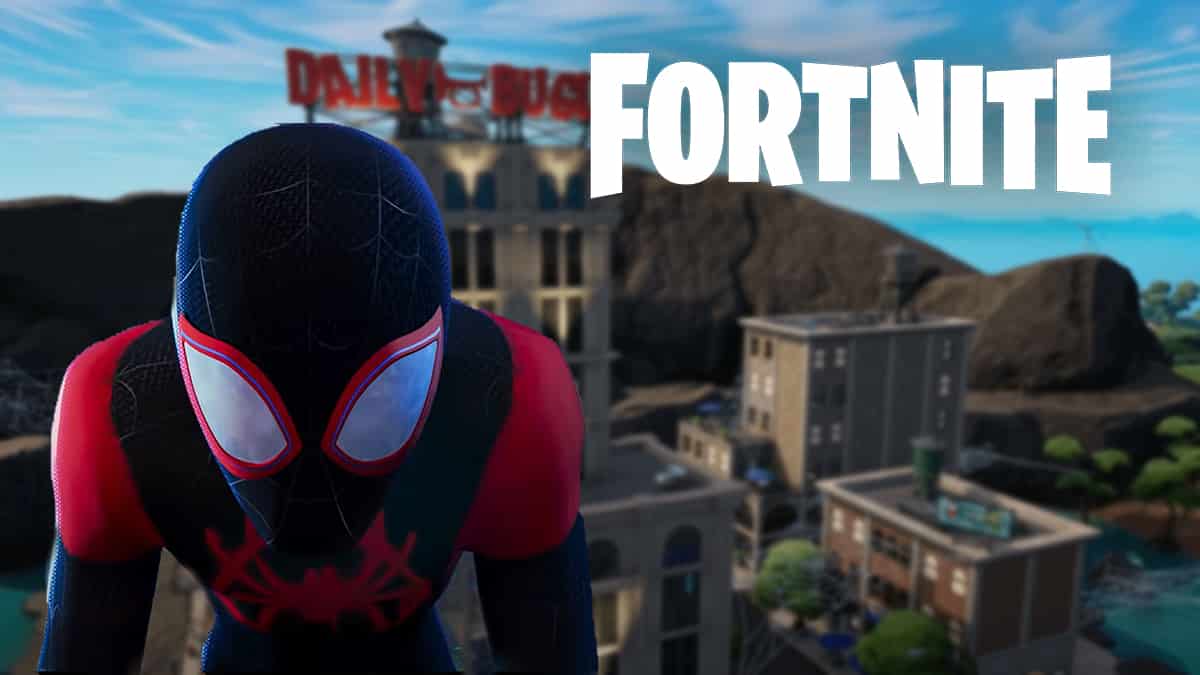 Miles Morales in front of Fortnite Daily Bugle