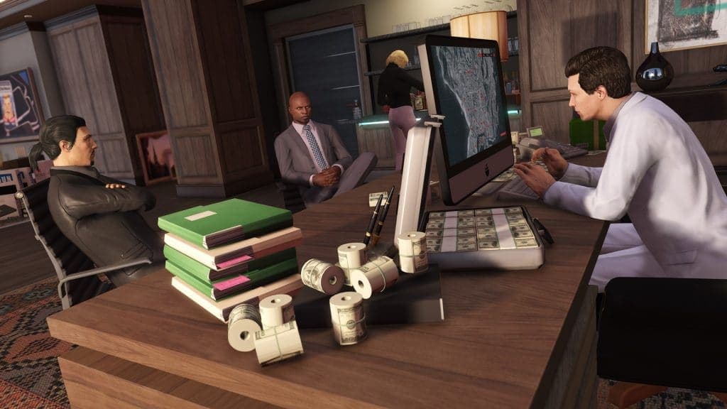 GTA Online players in an office with cash