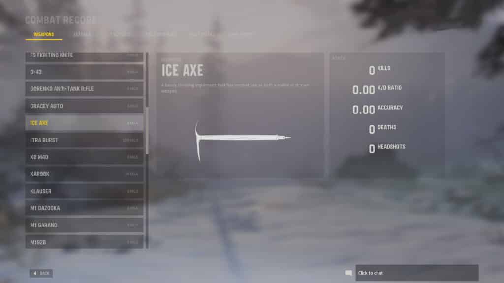 ice axe melee weapon in vanguard combat record