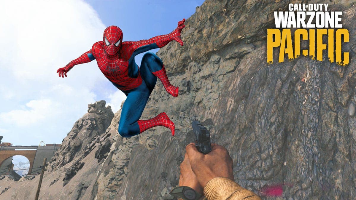 Spider-Man climbing rocks in warzone caldera