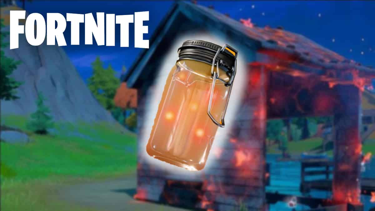 Fortnite Firefly Jar in front of burning building