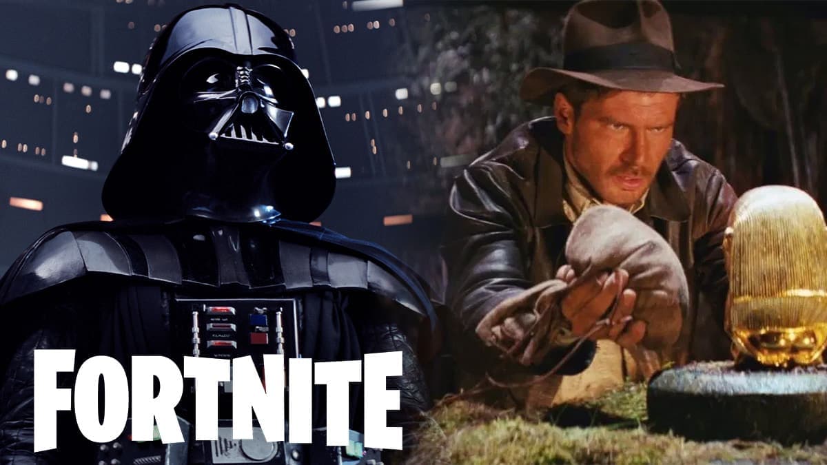 Darth Vader and Indiana Jones with Fortnite logo