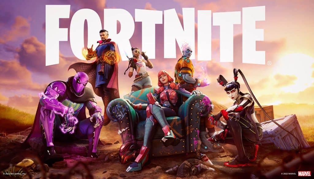 Doctor Strange, Prowler, and other Fortnite characters sitting