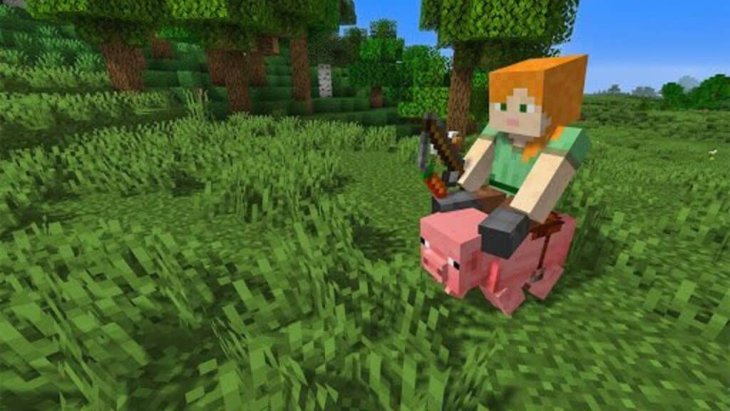 Minecraft character riding a pig
