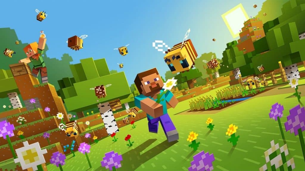 Minecraft character running through the jungle with bees