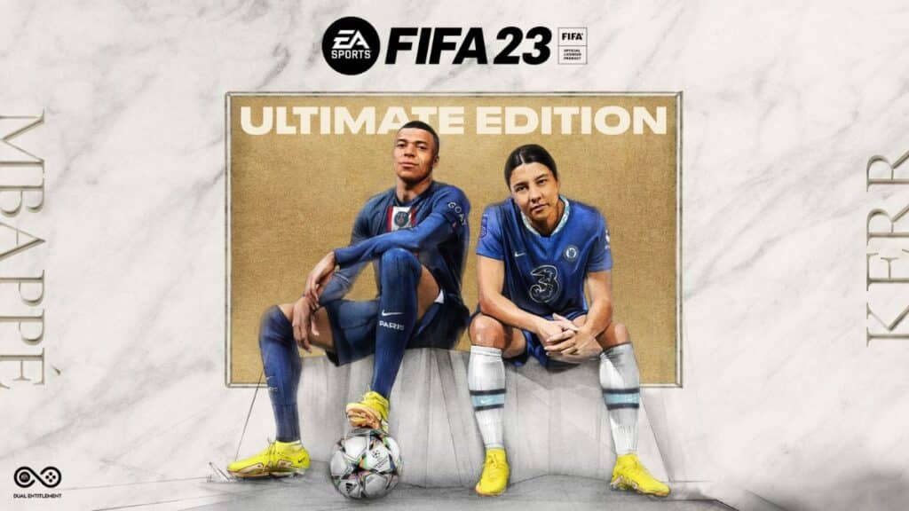 FIFA 23 Ultimate Edition cover with Mbappe and Kerr