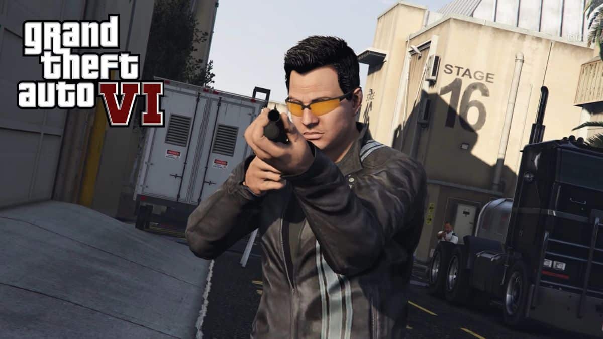 GTA character holding gun next to GTA 6 logo