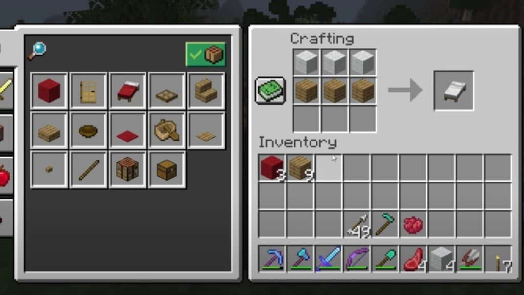 Crafting recipe for bed in Minecraft
