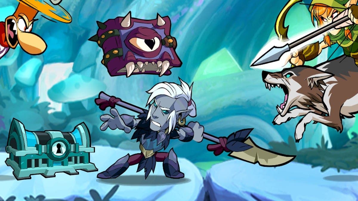 Brawlhalla character with a spear fighting a wolf
