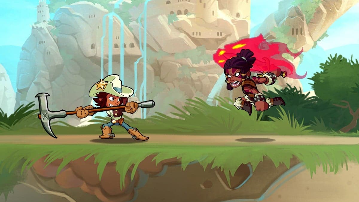 Brawlhalla characters fighting with a hammer and fire