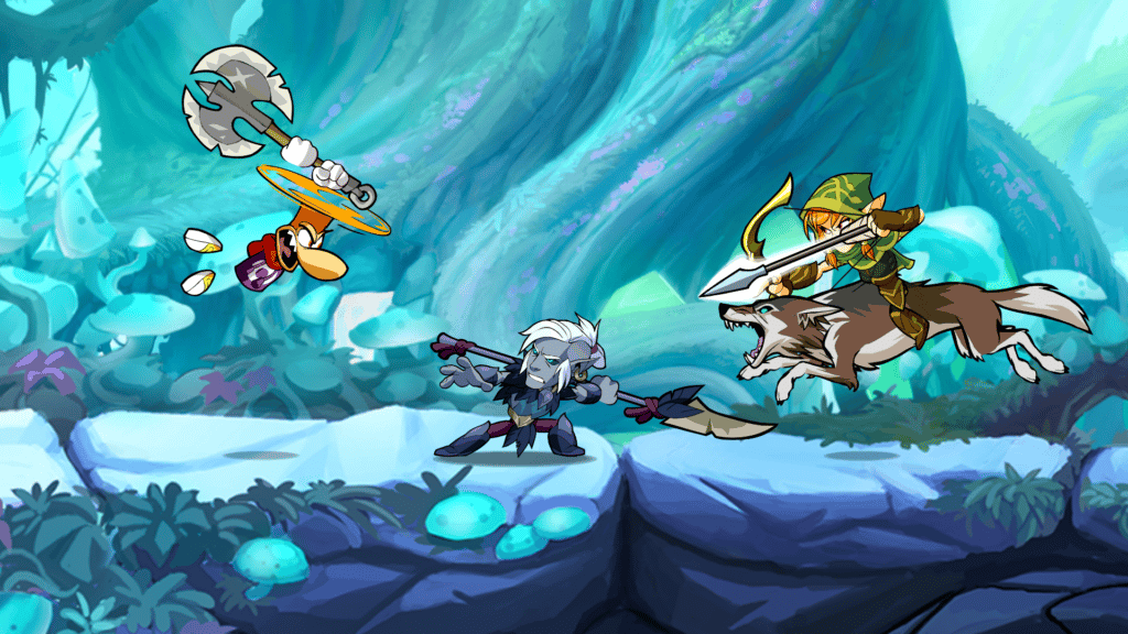 Three Brawlhalla characters fighting with weapons