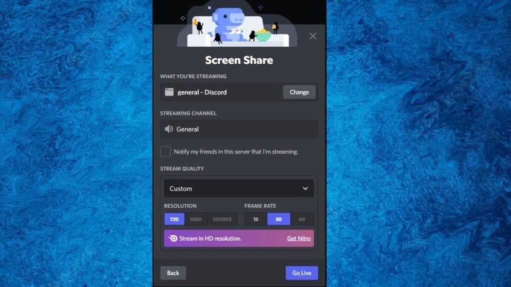 Discord pop up menu with stream quality settings