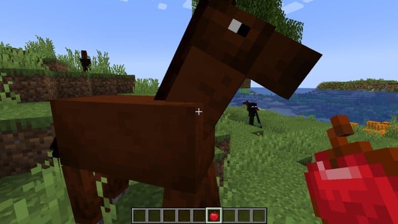 Feeding a horse an apple in Minecraft