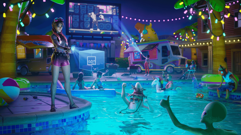 Fortnite characters swimming in a pool