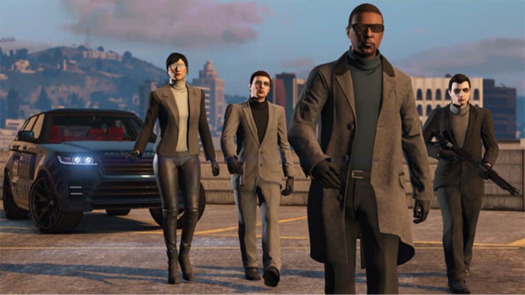 GTA character walking with bodyguards
