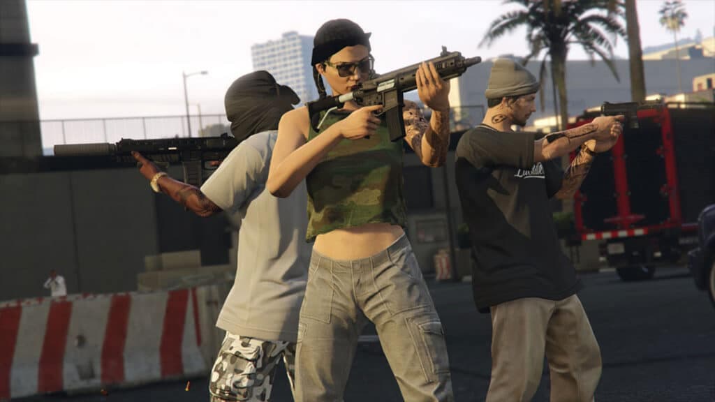 Three GTA Online characters holding guns