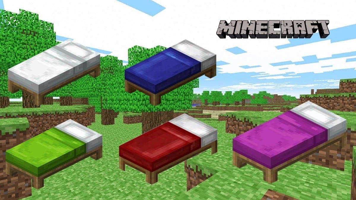 Red, Blue, Green, and White beds in Minecraft