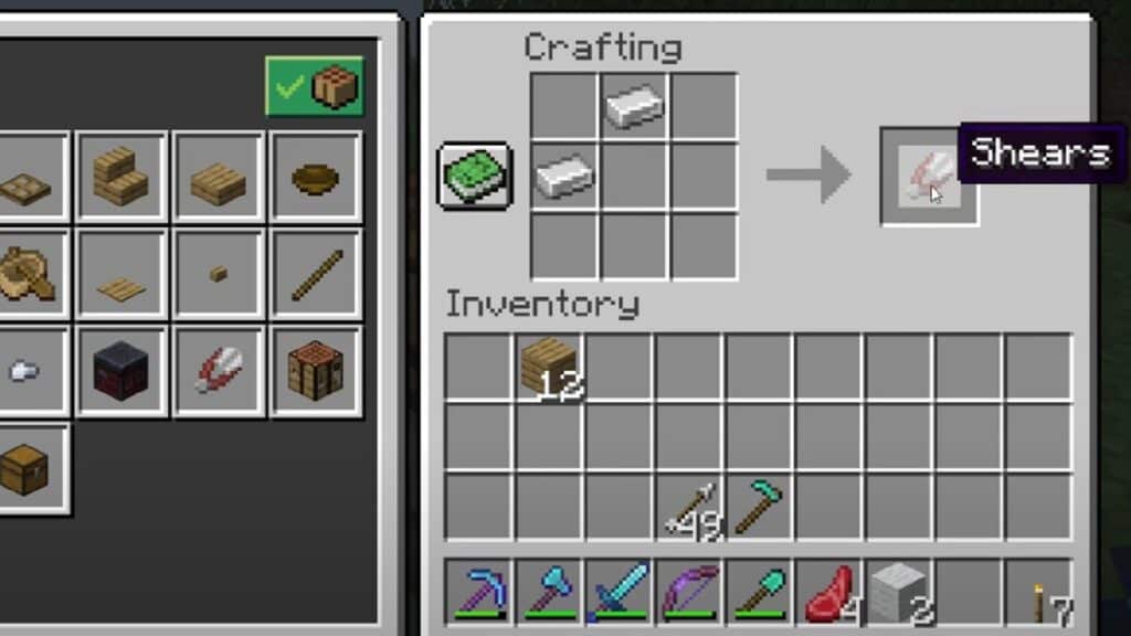 Crafting recipe for shears in Minecraft 