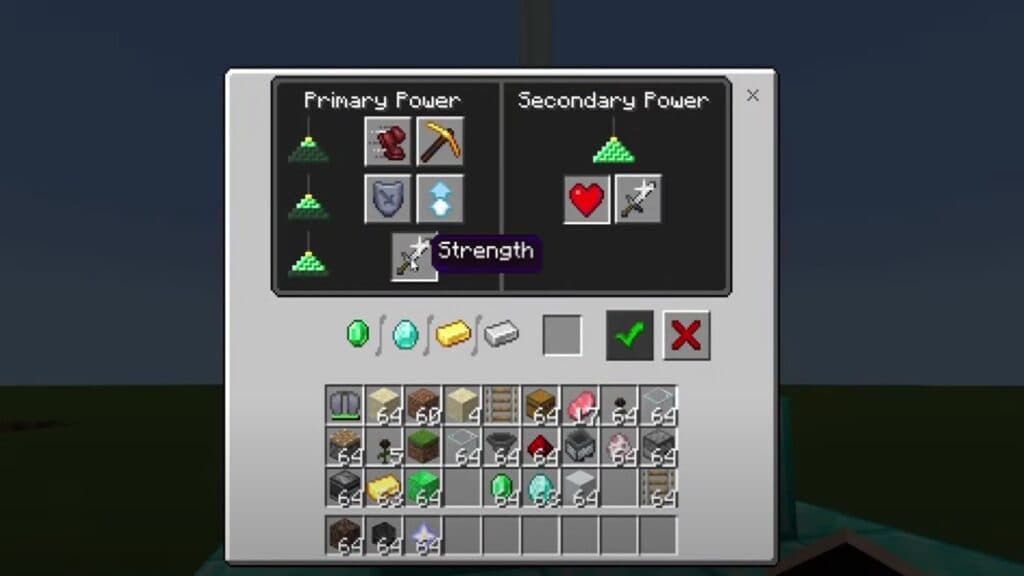 Primary and seconday powers of a Minecraft beacon