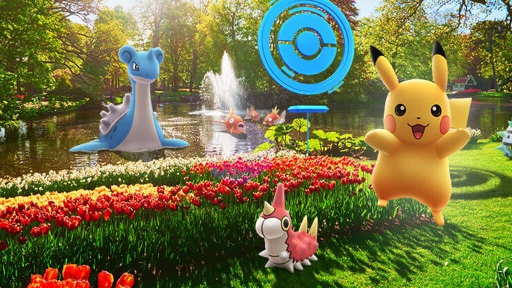 Pokemon Go official art work featuring Lapras and Pikachu