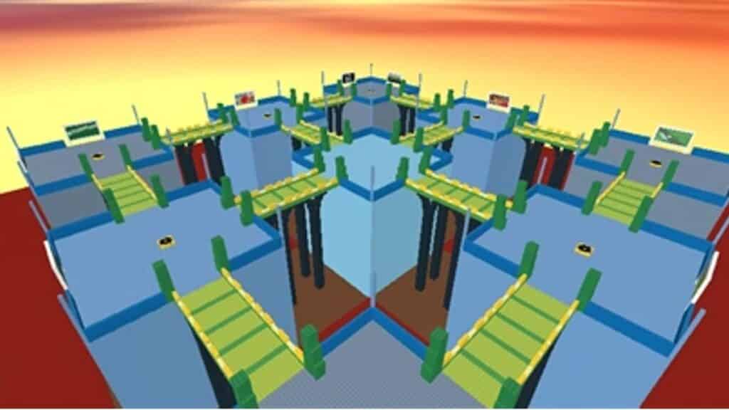 Screengrab of Roblox Rocket Arena showcasing various blocks interconnected by bridges.