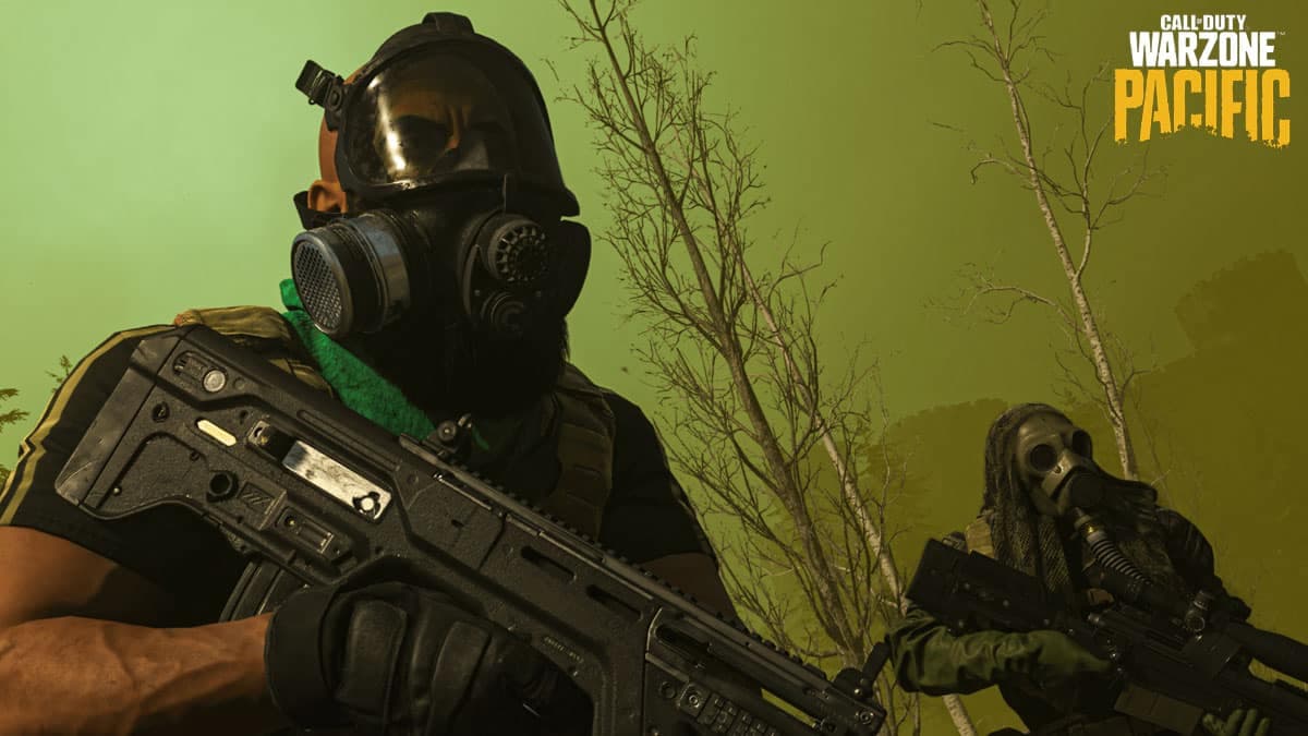 warzone player with gas mask equipped