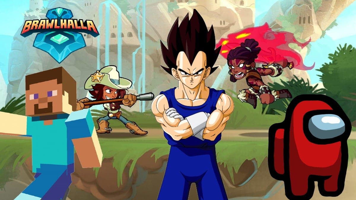 Brawlhalla promo art with Steve from Minecraft and Vegeta