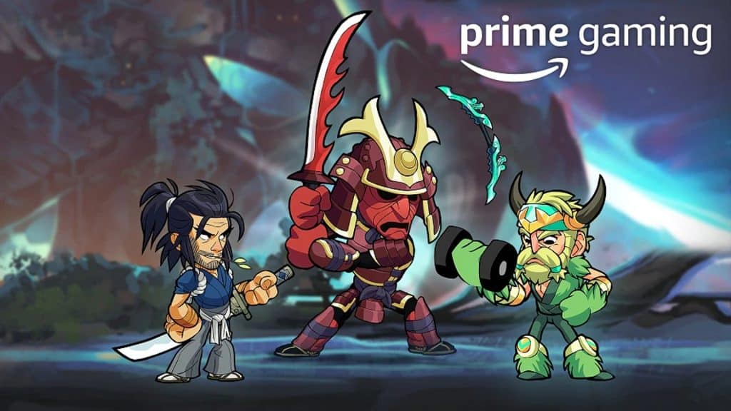 Brawlhalla characters and Prime Gaming logo