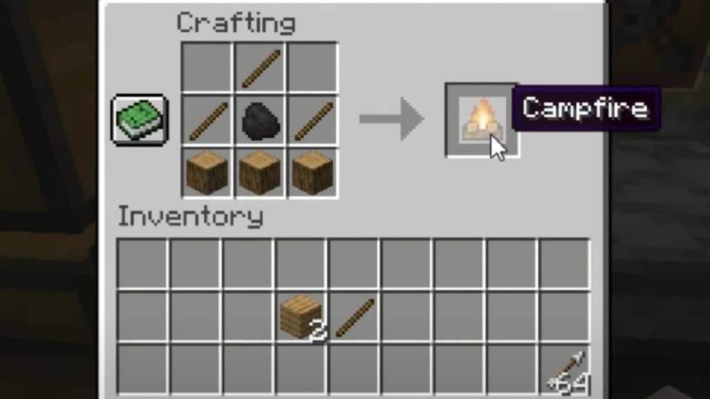 Crafting recipe for campfire in Minecraft