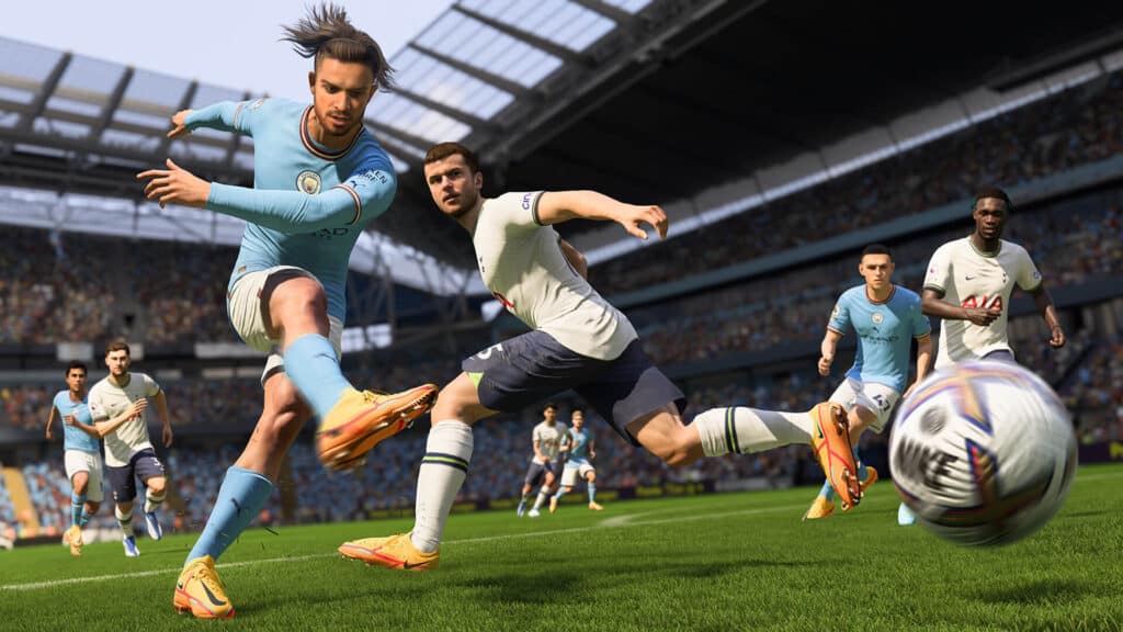 Manchester City's Jack Grealish striking the ball in FIFA 23
