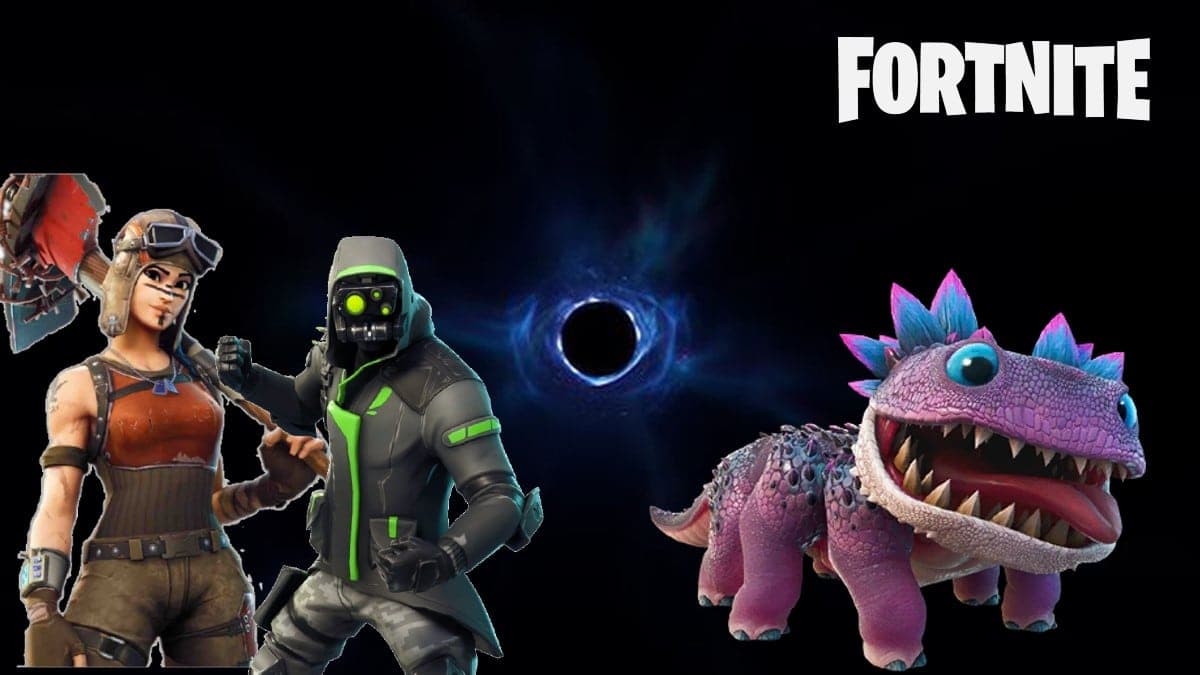 Fortnite characters and Klombo in front of a black hole