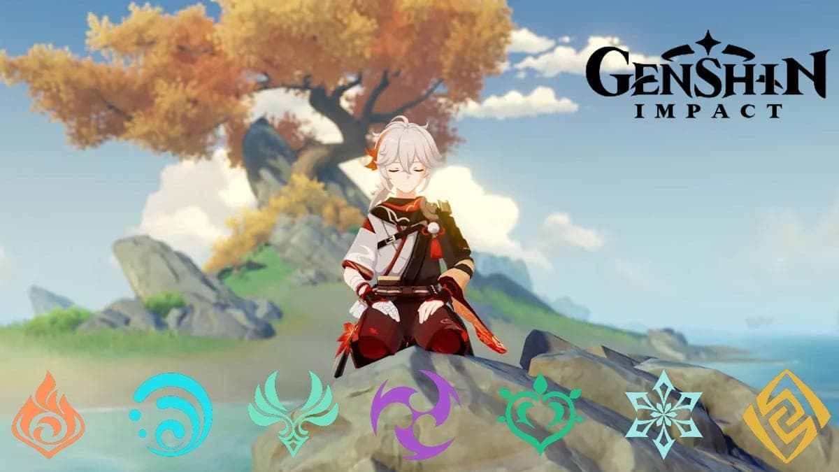 Genshin Impact character Kazuha sitting on a rock