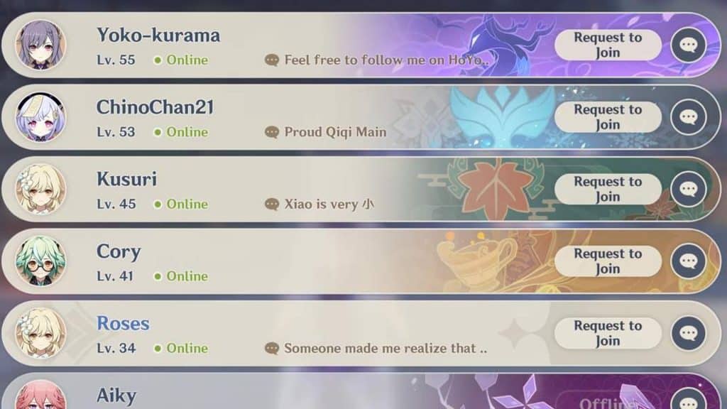 A list of online and offline friends in Genshin Impact