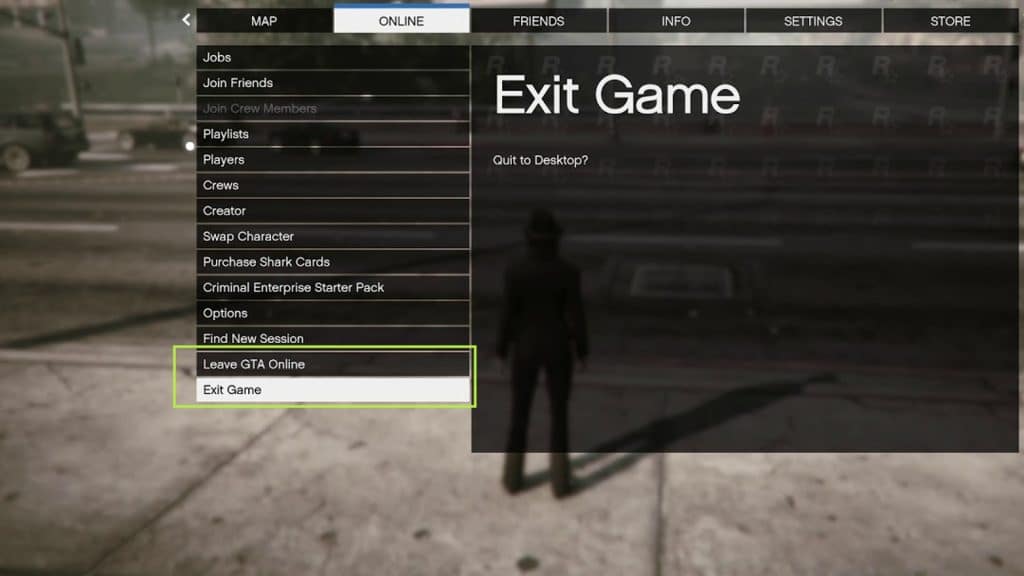 GTA Online menu to exit the game
