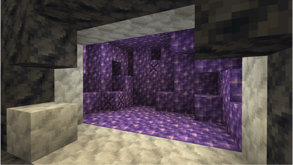 An amethyst geode in Minecraft with smooth basalt and calcite layers