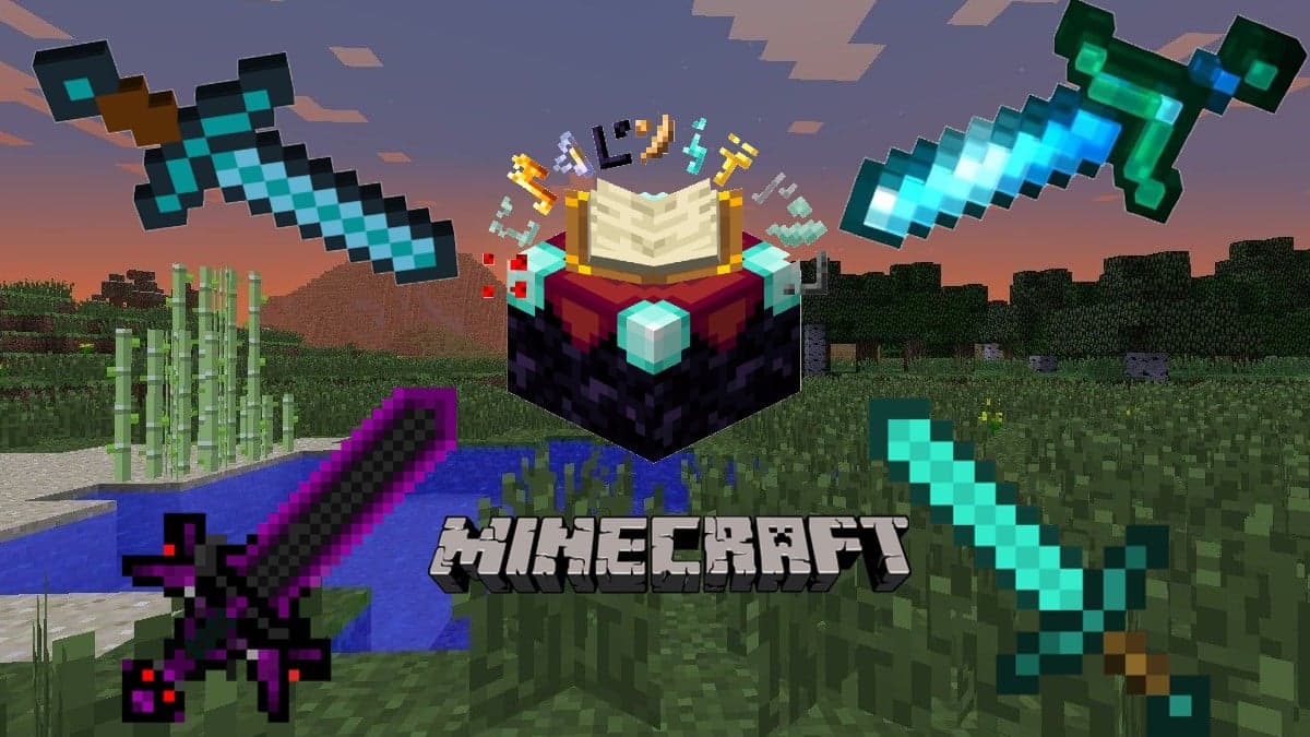 Four Minecraft swords pointing towards an enchantment table